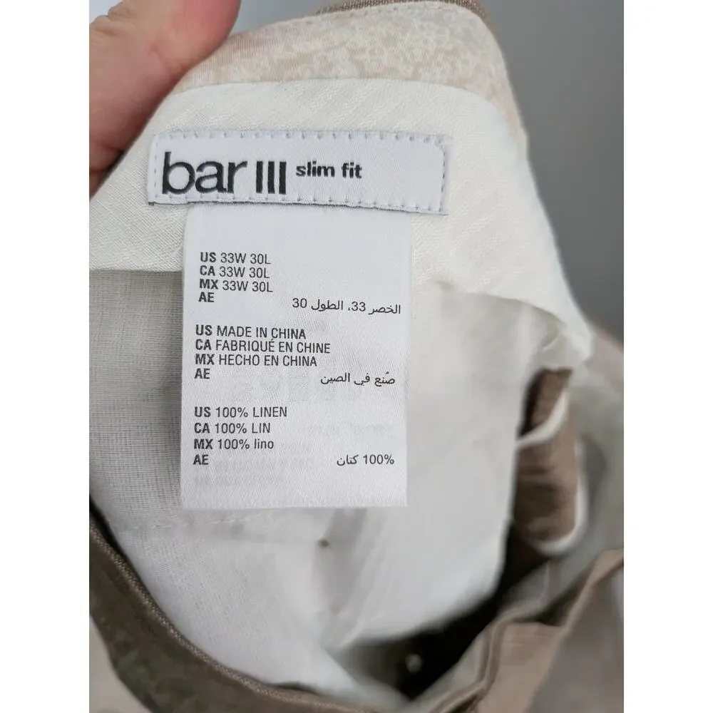 NWT Bar III Men's Sz 32 x 30 Tan Stripe 100% Linen Slacks Dress Pants Flat Front